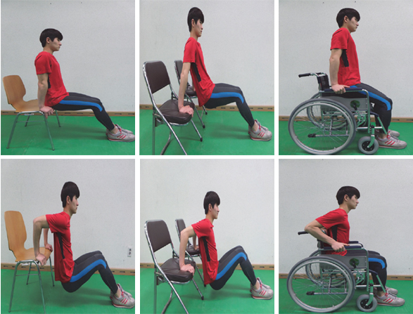 의자와 휠체어를 이용하여 팔꿈치 굽혀 펴기를 하고 있는 사진 6장(동작은 아래 표 참조)